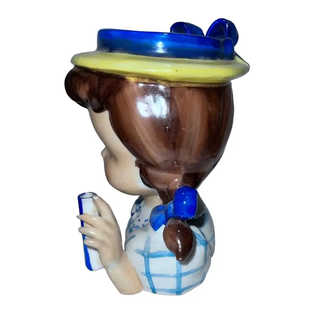 1950s Napco Head Vase Planter Girl with Pigtails & Blue Bows - Japan Vintage